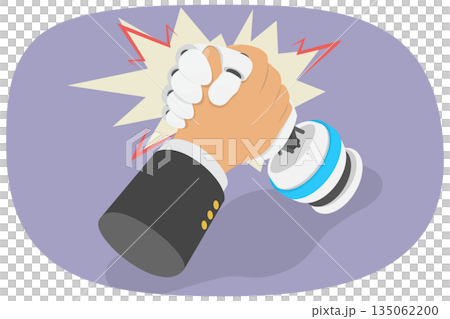 3D Isometric Flat Illustration of Human-robot Competition, Businessman Challenges Robot In Arm Wrestling Contest. 3D Isometric Flat Illustration of Human-robot Competition, Businessman Challenges Robot In Arm Wrestling Contest. 135062200