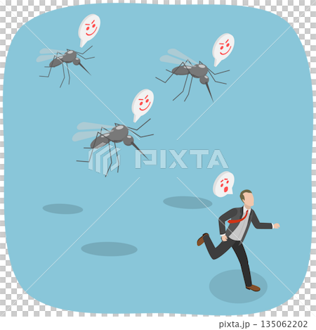 3D Isometric Flat Illustration of Mosquito Attack, Panicked Man Flees Giant Flying Insect 3D Isometric Flat Illustration of Mosquito Attack, Panicked Man Flees Giant Flying Insect 135062202