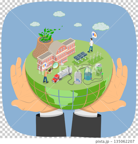 3D Isometric Flat  Illustration of Reduction Of CO2 Emission, Carbon Capturing 135062207