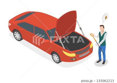 3D Isometric Flat Illustration of Checking Engine Oil Level, Motor Inspecting 3D Isometric Flat Illustration of Checking Engine Oil Level, Motor Inspecting 135062213