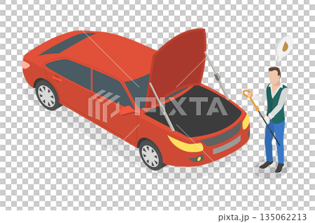 3D Isometric Flat Illustration of Checking Engine Oil Level, Motor Inspecting 3D Isometric Flat Illustration of Checking Engine Oil Level, Motor Inspecting 135062213