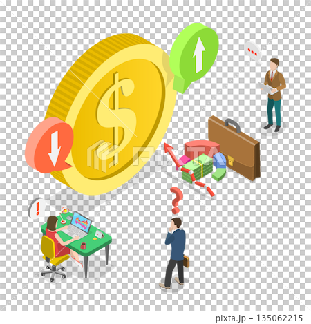 3D Isometric Flat Illustration of Cost Of Dollar, Fluctuating Costs With Arrow Movements 3D Isometric Flat Illustration of Cost Of Dollar, Fluctuating Costs With Arrow Movements 135062215
