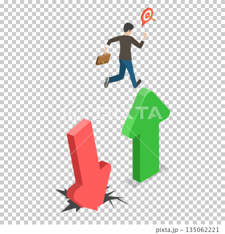 3D Isometric Flat  Illustration of Challenge Overcoming, Confident Investor Jumps From Red Arrow To Green For Growth Opportunity 135062221