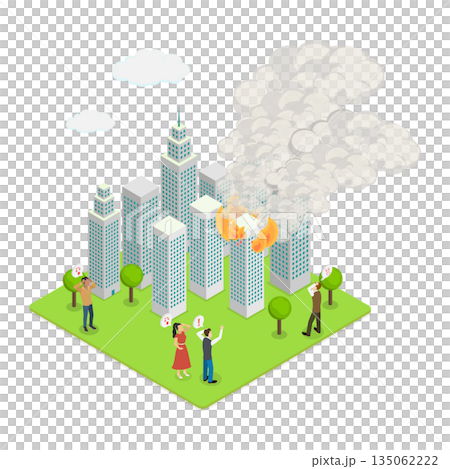 3D Isometric Flat Illustration of Condo in Fire, Tower Of Apartment Building Engulfed In Flames 3D Isometric Flat Illustration of Condo in Fire, Tower Of Apartment Building Engulfed In Flames 135062222