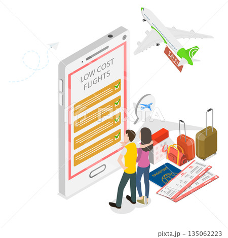 3D Isometric Flat Illustration of Low Cost Flight, Budget Airlines Booking App 3D Isometric Flat Illustration of Low Cost Flight, Budget Airlines Booking App 135062223