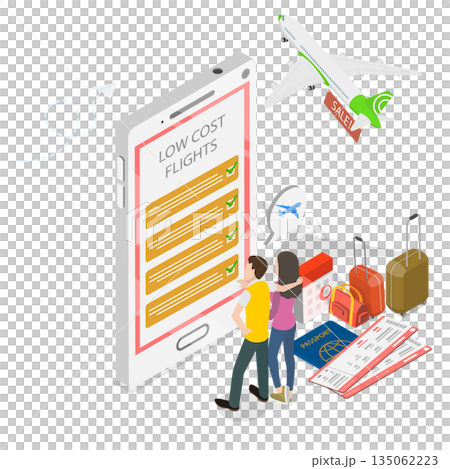 3D Isometric Flat Illustration of Low Cost Flight, Budget Airlines Booking App 3D Isometric Flat Illustration of Low Cost Flight, Budget Airlines Booking App 135062223