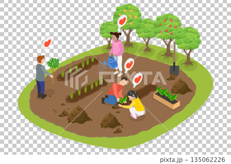 3D Isometric Flat Illustration of Kids In Garden, Children Planting Seedlings Together 3D Isometric Flat Illustration of Kids In Garden, Children Planting Seedlings Together 135062226