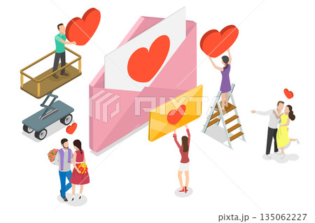 3D Isometric Flat Illustration of Love Message, Individuals Convey Love Through A Red Heart Symbol 3D Isometric Flat Illustration of Love Message, Individuals Convey Love Through A Red Heart Symbol 135062227