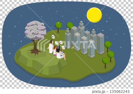3D Isometric Flat  Illustration of Happy Moon Festival, Parents And Kids Admire Full Moon 135062243