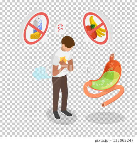 3D Isometric Flat  Illustration of Food Intolerance, Individual Suffering Due To Immune Response To Specific Food Protein 135062247