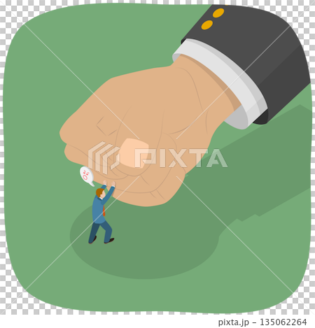 3D Isometric Flat  Illustration of Big Fist, Small Man Challenges Giant Corporation With Innovative Business Idea 135062264