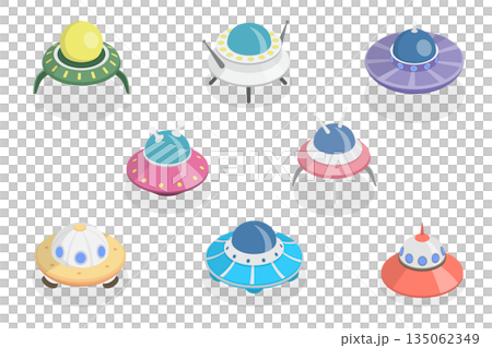 3D Isometric Flat  Set of Spaceships, UFOs With Light Rays In Night City Sky 135062349