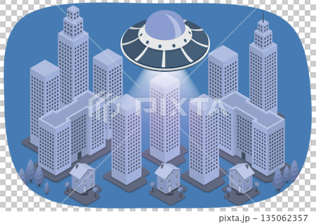3D Isometric Flat  Illustration of UFO, Alien Spaceship With Light Beams In City Night Sky 135062357