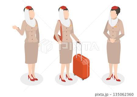 3D Isometric Flat Illustration of Emirates Flight Attendants, Arabian Airline Women In Traditional Uniform 3D Isometric Flat Illustration of Emirates Flight Attendants, Arabian Airline Women In Traditional Uniform 135062360