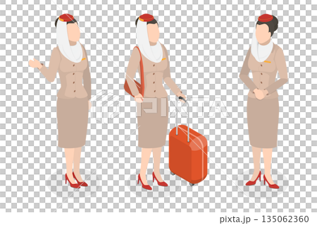 3D Isometric Flat Illustration of Emirates Flight Attendants, Arabian Airline Women In Traditional Uniform 3D Isometric Flat Illustration of Emirates Flight Attendants, Arabian Airline Women In Traditional Uniform 135062360
