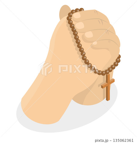 3D Isometric Flat  Illustration of Prayer, Hands Of A Person Holding Brown Rosary Beads And Cross Carved From Wood 135062361