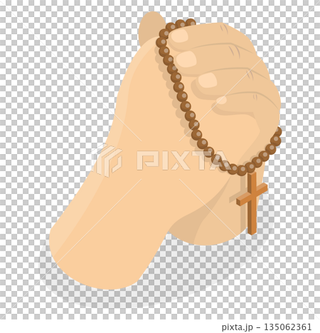 3D Isometric Flat Illustration of Prayer, Hands Of A Person Holding Brown Rosary Beads And Cross Carved From Wood 3D Isometric Flat Illustration of Prayer, Hands Of A Person Holding Brown Rosary Beads And Cross Carved From Wood 135062361