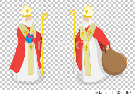 3D Isometric Flat Illustration of Saint Nicholas, Celebrating The Joyful St Nicholas Day With Traditional Festivities And Gift-Giving. 3D Isometric Flat Illustration of Saint Nicholas, Celebrating The Joyful St Nicholas Day With Traditional Festivities And Gift-Giving. 135062367