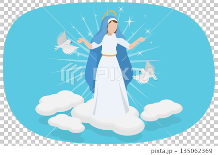 3D Isometric Flat Illustration of Virgin Mary, Assumption Of Mary With Feast And Doves In Heaven 3D Isometric Flat Illustration of Virgin Mary, Assumption Of Mary With Feast And Doves In Heaven 135062369