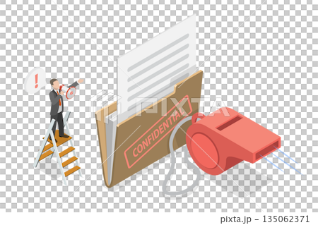 3D Isometric Flat  Illustration of Whistleblowing, Revealing Confidential Documents 135062371