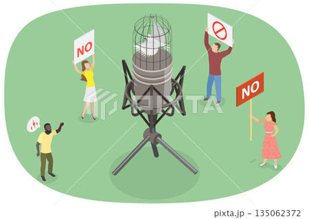 3D Isometric Flat  Illustration of Censorship, Bird Trapped In Microphone Symbolizes Limits To Freedom Of Speech 135062372