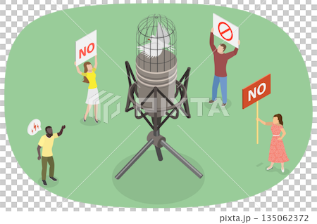 3D Isometric Flat  Illustration of Censorship, Bird Trapped In Microphone Symbolizes Limits To Freedom Of Speech 135062372