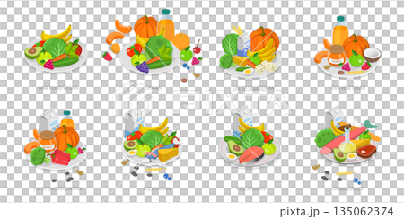 3D Isometric Flat  Set of Vegetarian Food Plates, Organic Grocery Products 135062374