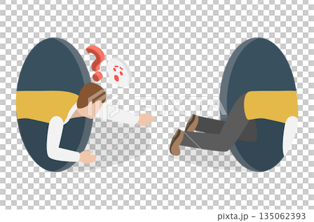 3D Isometric Flat  Illustration of Self-Observation, Man Kneels And Sees Himself Reflected In A Hole 135062393