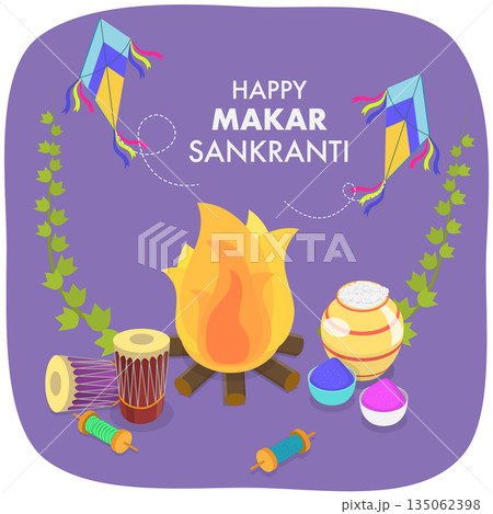 3D Isometric Flat  Illustration of Makar Sankranti, Festival is Dedicated to the Solar Deity 135062398
