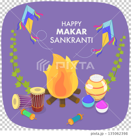 3D Isometric Flat  Illustration of Makar Sankranti, Festival is Dedicated to the Solar Deity 135062398