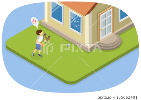 3D Isometric Flat  Illustration of Broken Window, Mischievous Boy Shatters Window With Slingshot 135062401