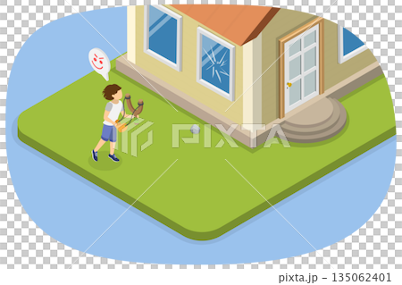 3D Isometric Flat  Illustration of Broken Window, Mischievous Boy Shatters Window With Slingshot 135062401