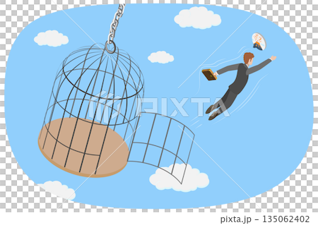 3D Isometric Flat  Illustration of Out Of Comfort Zone, Businessman Successfully Escapes From Trap By Jumping Over It. 135062402