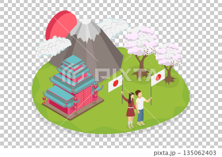 3D Isometric Flat  Illustration of National Japanese Day, Celebration With Friends Holding Flag And Mount Fuji In Background 135062403