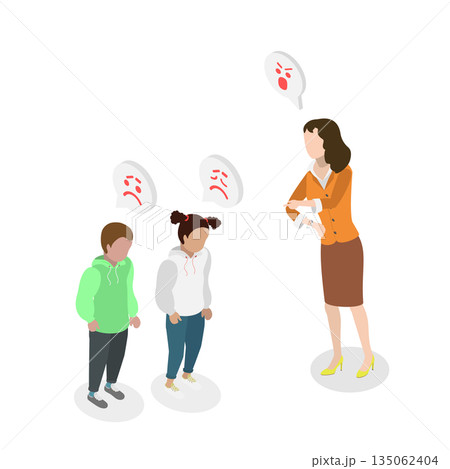 3D Isometric Flat Illustration of Child Scolding, Mother Harshly Reprimands Scared Children 3D Isometric Flat Illustration of Child Scolding, Mother Harshly Reprimands Scared Children 135062404