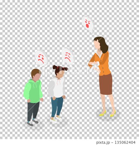 3D Isometric Flat  Illustration of Child Scolding, Mother Harshly Reprimands Scared Children 135062404