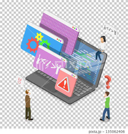 3D Isometric Flat Illustration of Code Error, Process Of Bug Testing With Error Detection 3D Isometric Flat Illustration of Code Error, Process Of Bug Testing With Error Detection 135062406