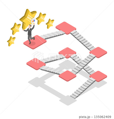 3D Isometric Flat Illustration of Reaching Goal , Entrepreneur Ascends Stairs, Grasps Largest Star 3D Isometric Flat Illustration of Reaching Goal , Entrepreneur Ascends Stairs, Grasps Largest Star 135062409