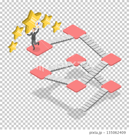 3D Isometric Flat  Illustration of Reaching Goal , Entrepreneur Ascends Stairs, Grasps Largest Star 135062409