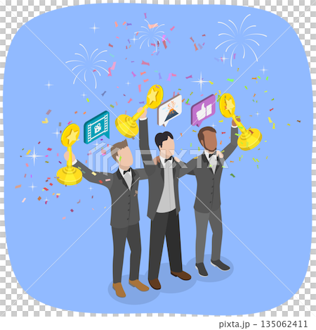 3D Isometric Flat Illustration of Nomination Ceremony, Actors With Star Trophies 3D Isometric Flat Illustration of Nomination Ceremony, Actors With Star Trophies 135062411
