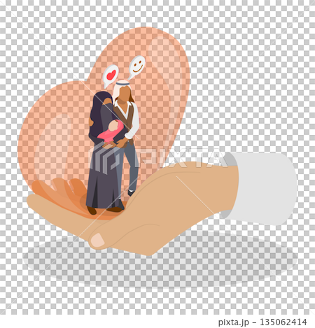 3D Isometric Flat  Illustration of Family Healthcare, Arabian Family Joyfully Poses On DoctorS Hand 135062414