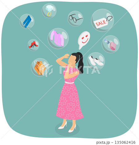 3D Isometric Flat  Illustration of Shopaholic, Compulsive Female Shopper Purchasing Trendy Fast Fashion Items 135062416