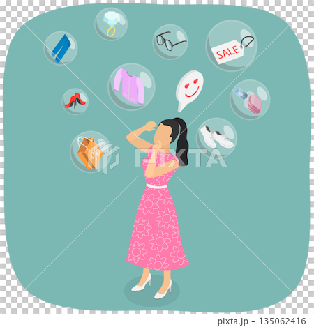 3D Isometric Flat Illustration of Shopaholic, Compulsive Female Shopper Purchasing Trendy Fast Fashion Items 3D Isometric Flat Illustration of Shopaholic, Compulsive Female Shopper Purchasing Trendy Fast Fashion Items 135062416