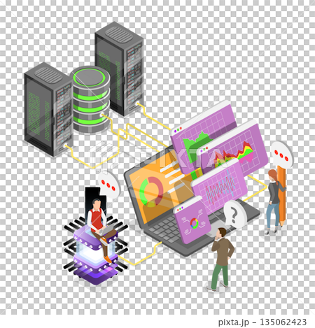 3D Isometric Flat  Illustration of Data Analysis, Virtual Database And Datacenter Utilized 135062423