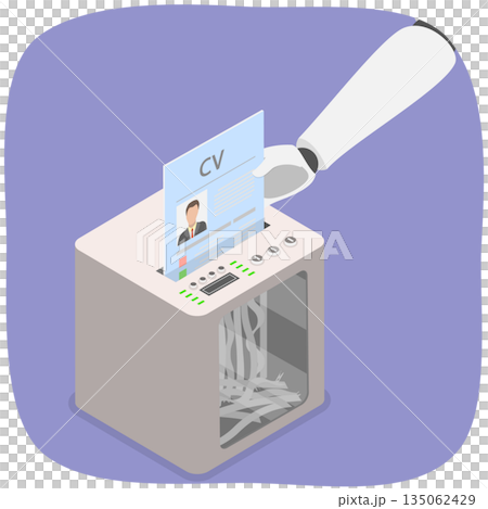 3D Isometric Flat  Illustration of AI HR, Robot Hand Using Paper Shredder To Destroy Job Application 135062429