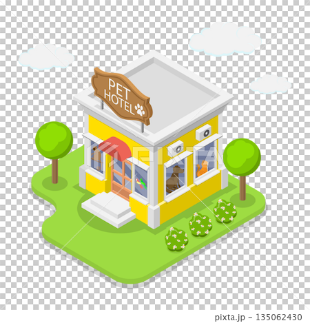 3D Isometric Flat  Illustration of Pet Hotel, Animal Boarding Facility For Various Pets 135062430