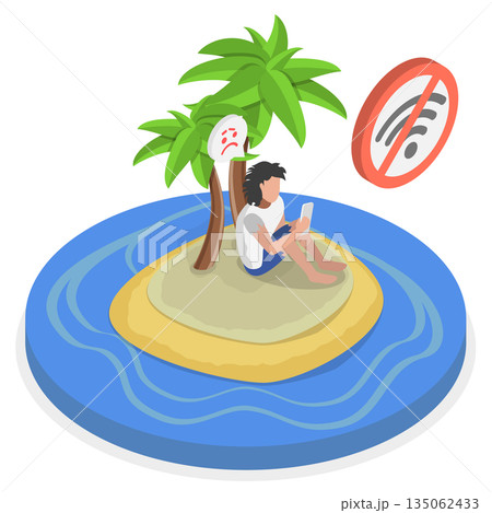 3D Isometric Flat  Illustration of Castaway On Island, Lonely Person On Island With No Cell Reception 135062433