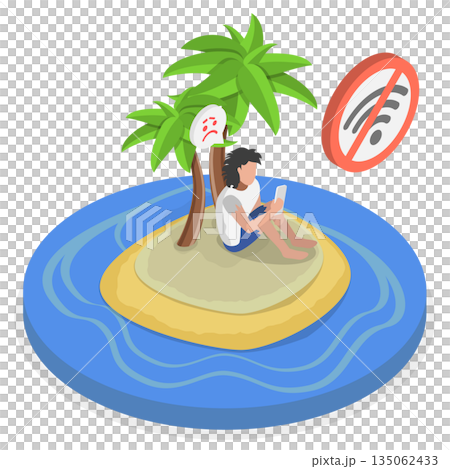 3D Isometric Flat  Illustration of Castaway On Island, Lonely Person On Island With No Cell Reception 135062433