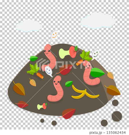 3D Isometric Flat Illustration of Compost, Funny Worms Enhancing Compost Quality 3D Isometric Flat Illustration of Compost, Funny Worms Enhancing Compost Quality 135062434