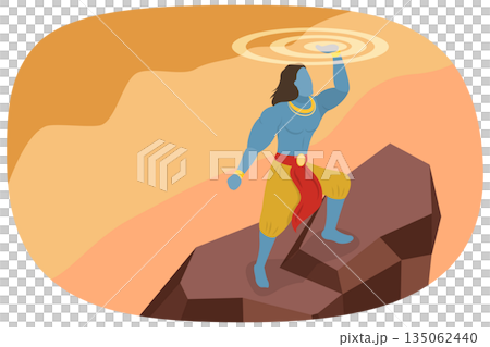 3D Isometric Flat  Illustration of Vishnu, Hindu God Lord Krishna Holding Sudarshan Chakra In Indian Mythology 135062440